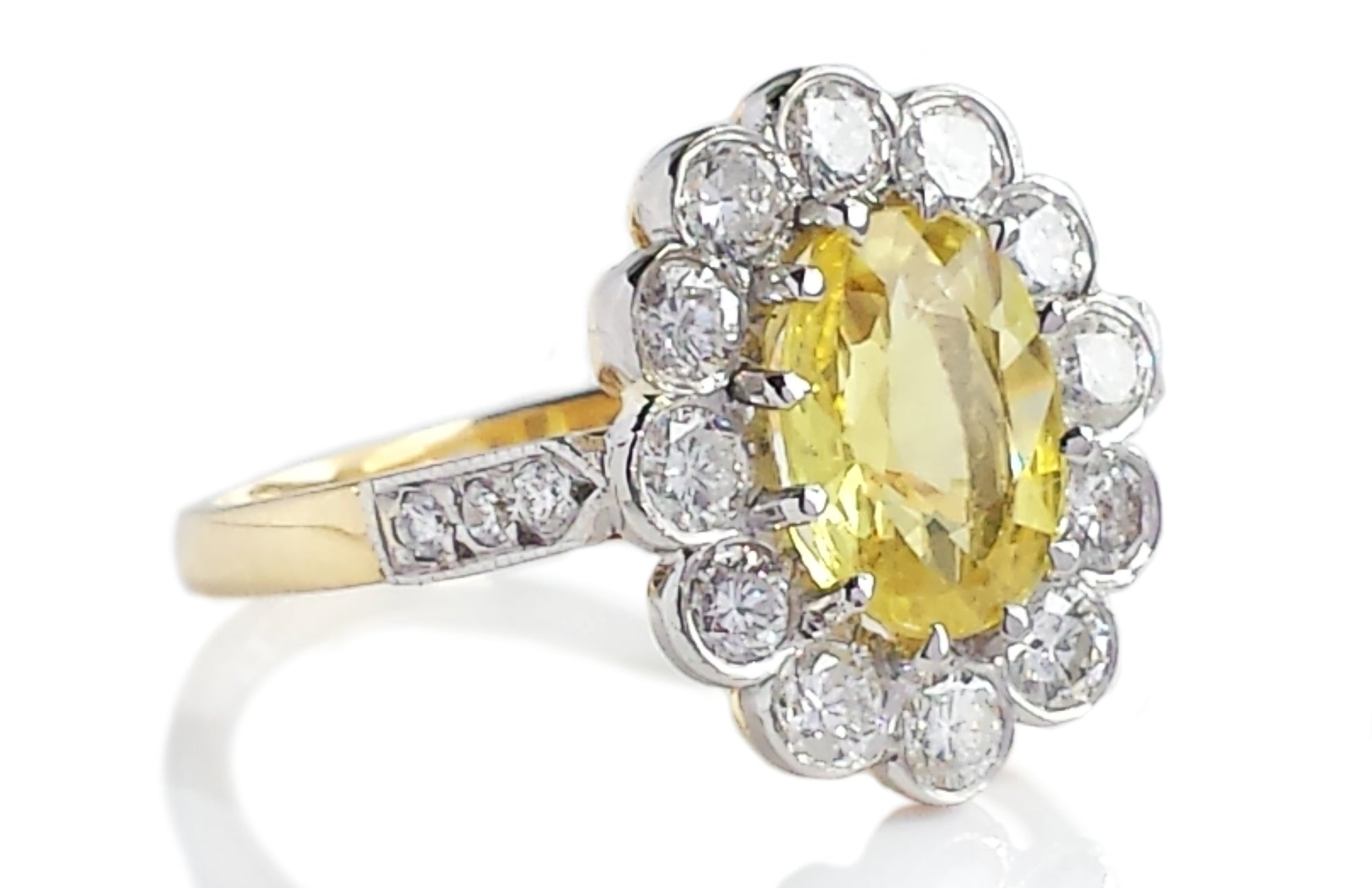 Mid-century Yellow Sapphire & Diamond Cluster Engagement Ring