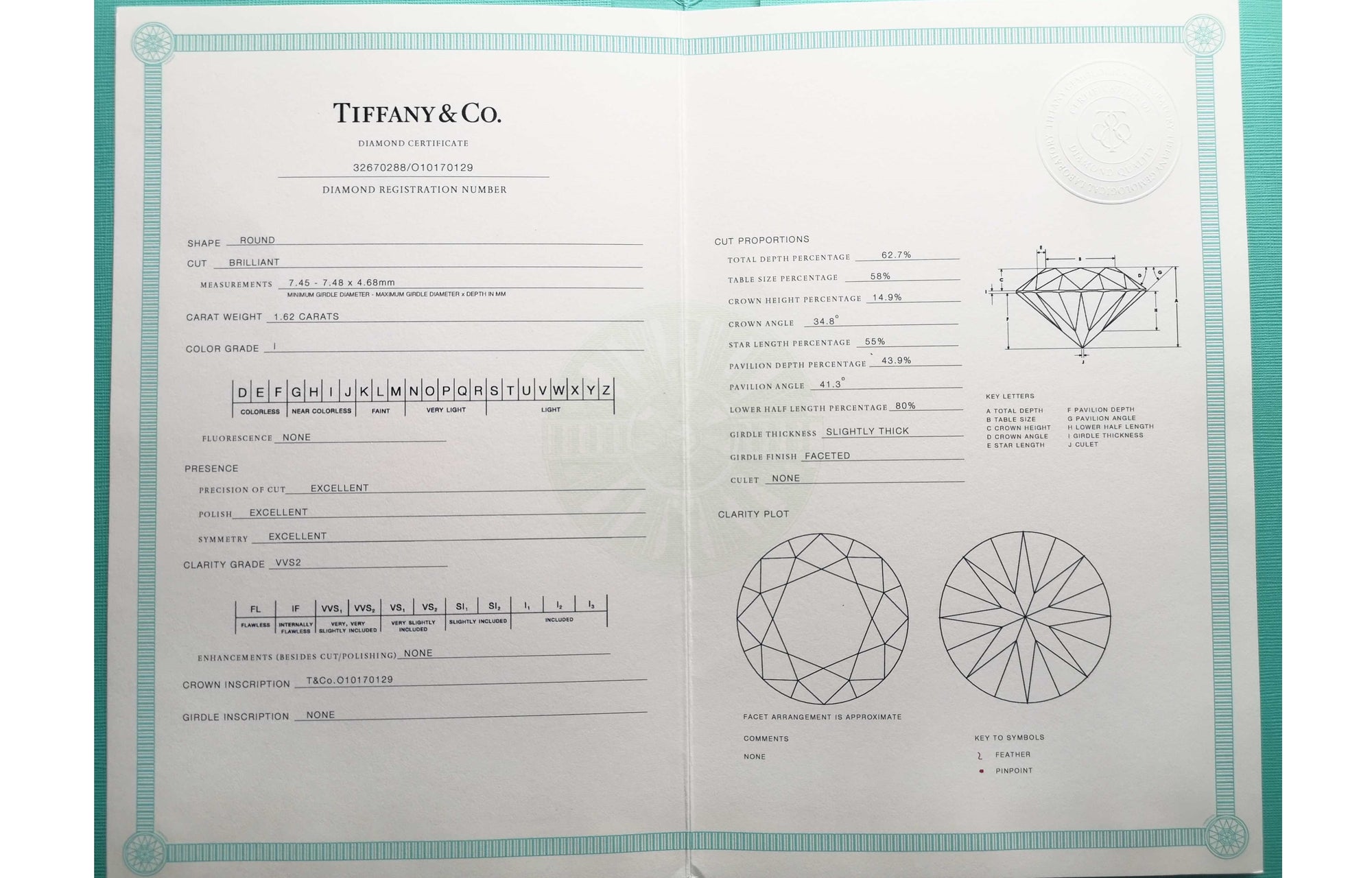 Tiffany & Co. 1.62ct I/VVS2 Triple-XXX 'Novo' Round Brilliant Diamond Engagement Ring