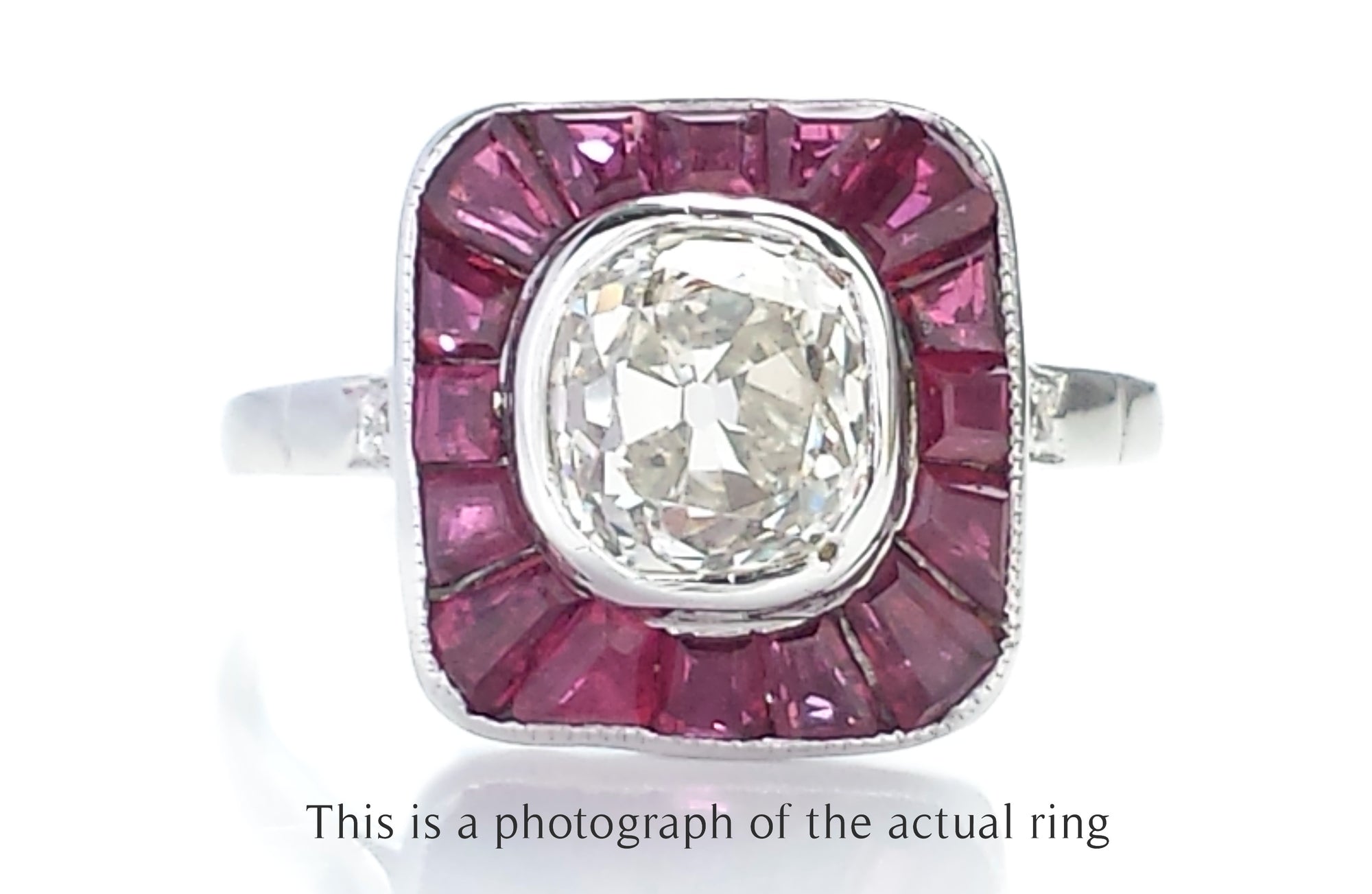 Art Deco Old Mine Cut Diamond and Natural Ruby Target Ring