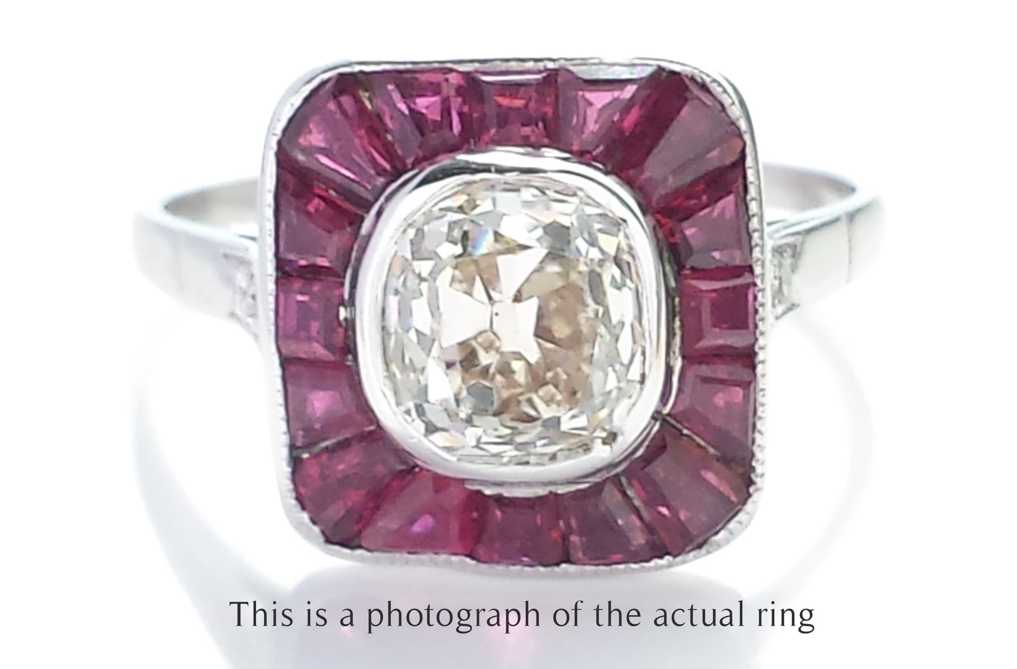 Art Deco Old Mine Cut Diamond and Natural Ruby Target Ring