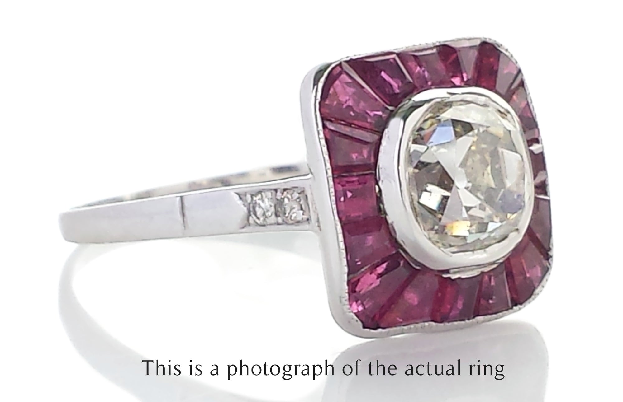 Art Deco Old Mine Cut Diamond and Natural Ruby Target Ring