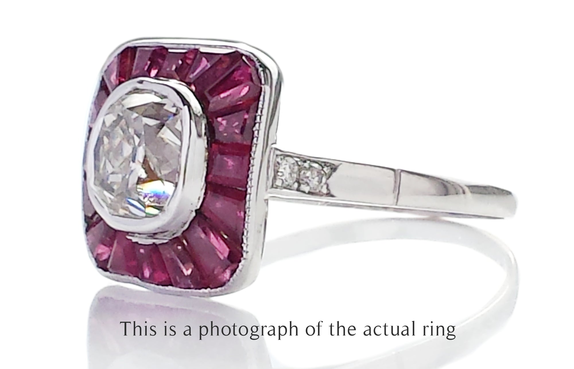 Art Deco Old Mine Cut Diamond and Natural Ruby Target Ring