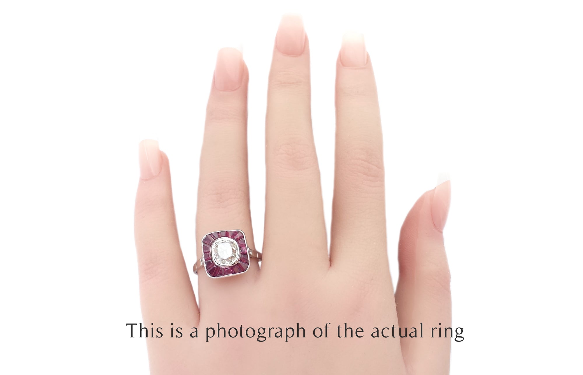 Art Deco Old Mine Cut Diamond and Natural Ruby Target Ring