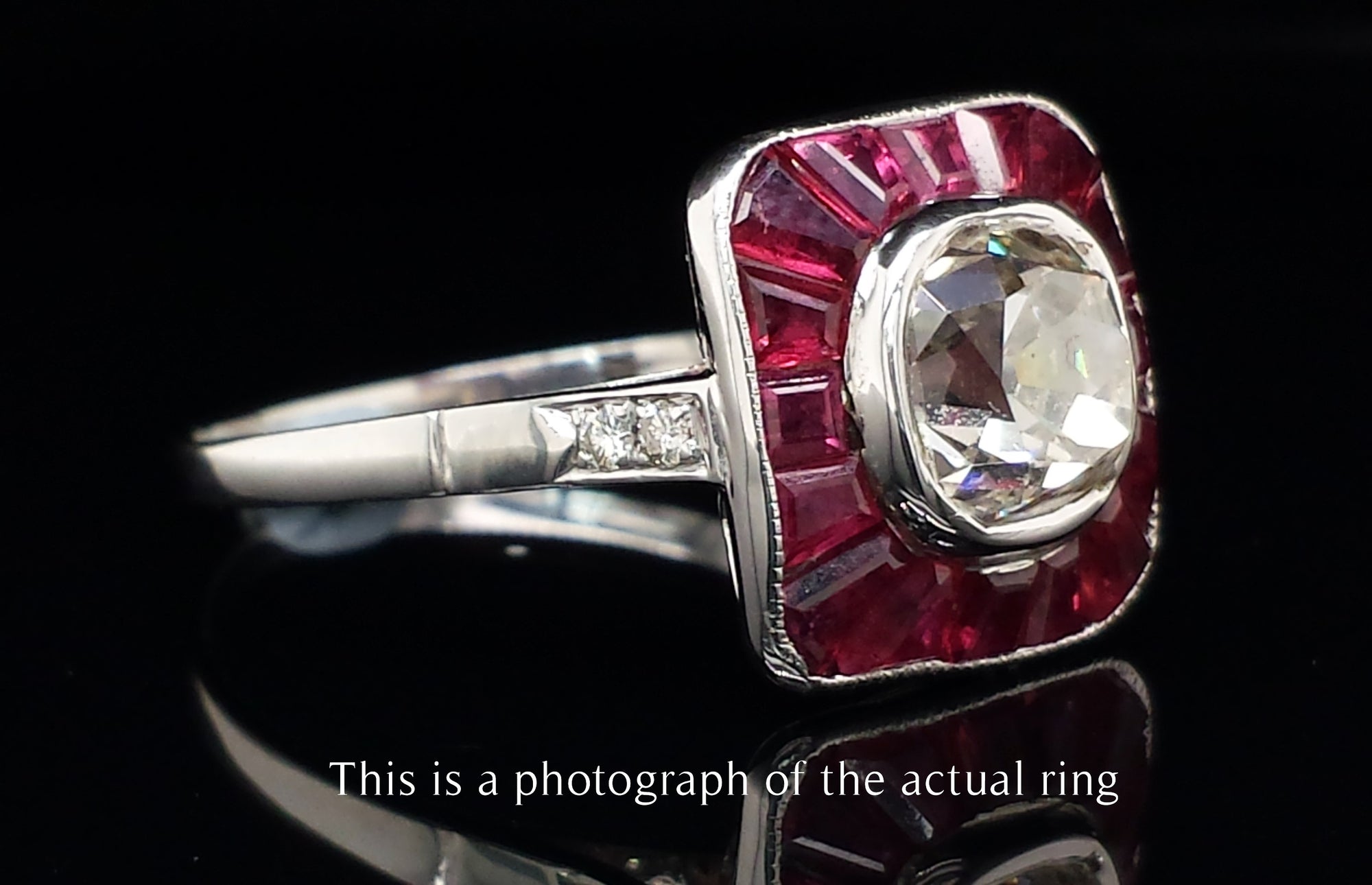 Art Deco Old Mine Cut Diamond and Natural Ruby Target Ring