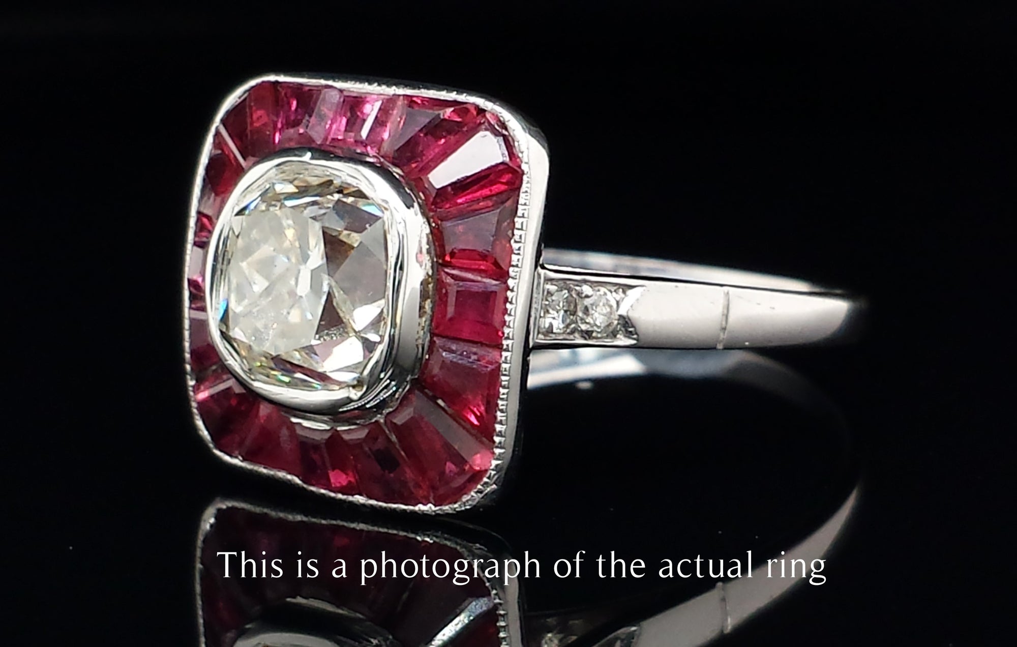 Art Deco Old Mine Cut Diamond and Natural Ruby Target Ring