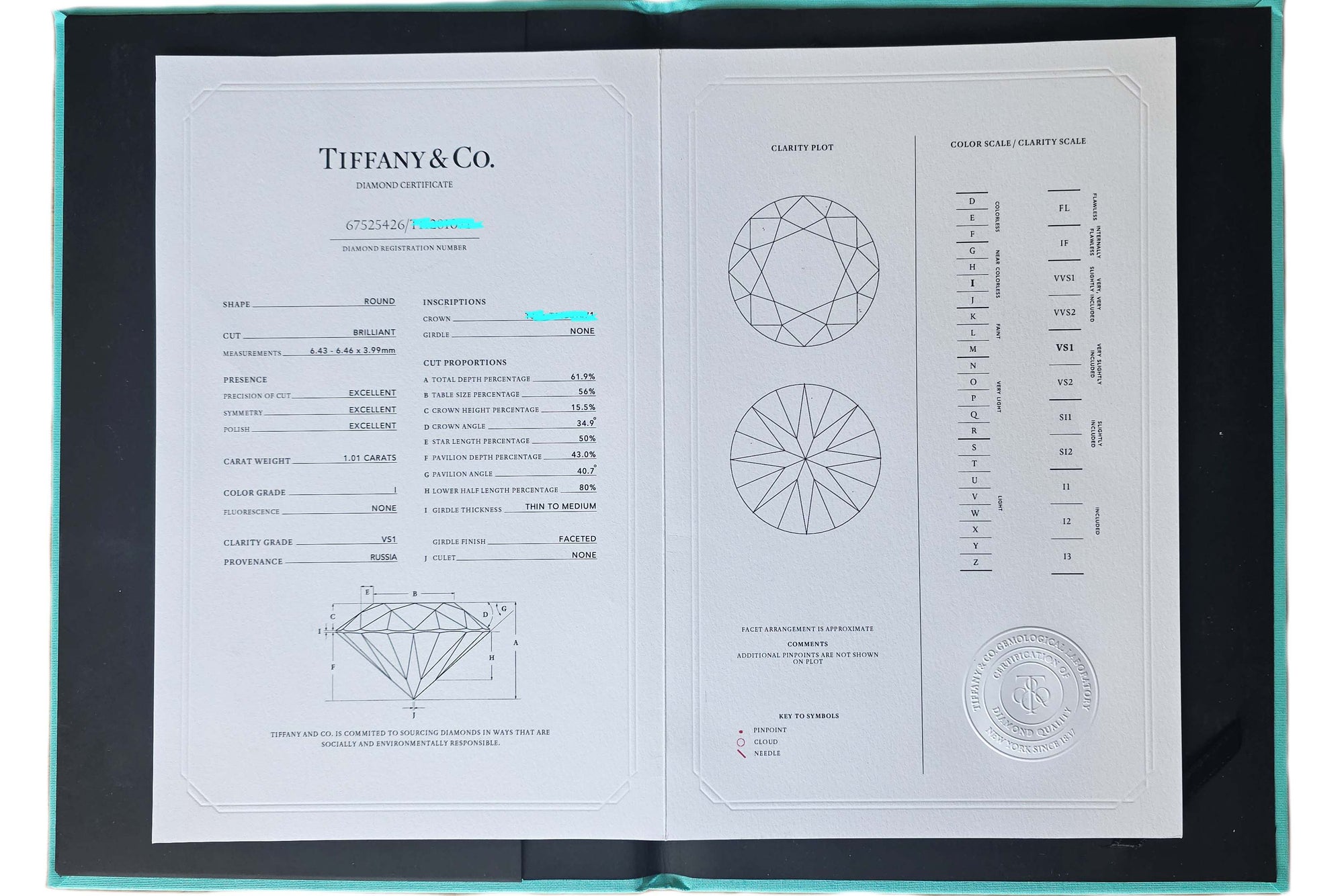 Tiffany & Co 1.01ct I/VS1 Round Brilliant Cut Diamond Engagement Ring
