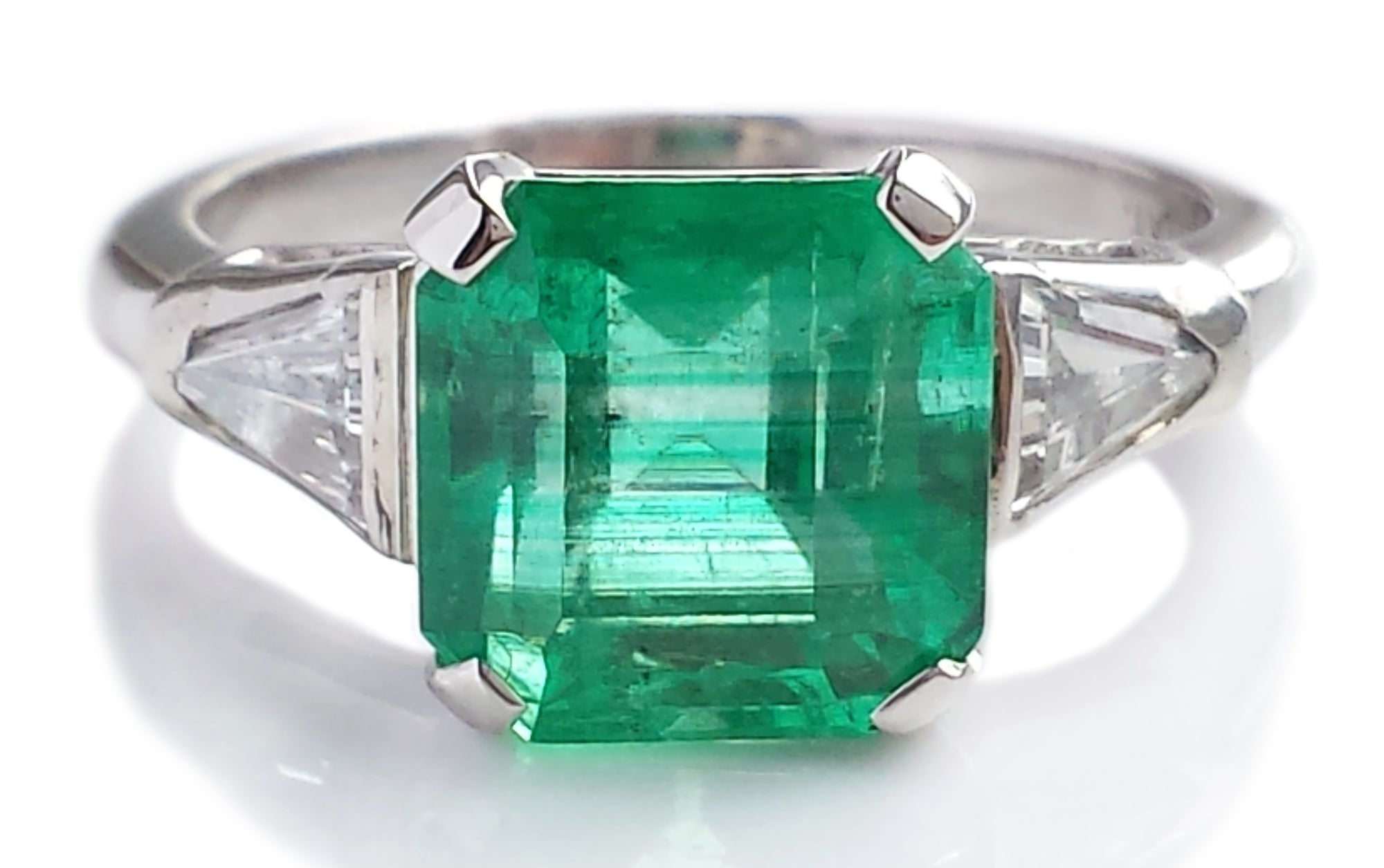 Mid Century 3.01ct Square Cut Emerald & Trillion Cut Diamond Engagement Ring