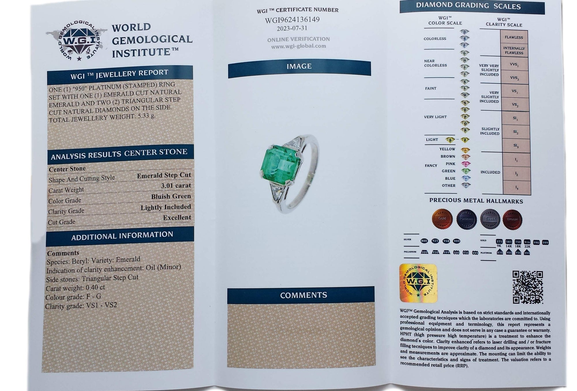 Mid Century 3.01ct Square Cut Emerald & Trillion Cut Diamond Engagement Ring