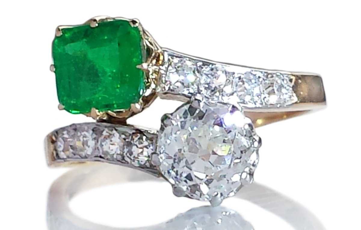 Antique Colombian Emerald & Old Mine Brilliant Cut Toi et Moi Diamond Engagement Ring