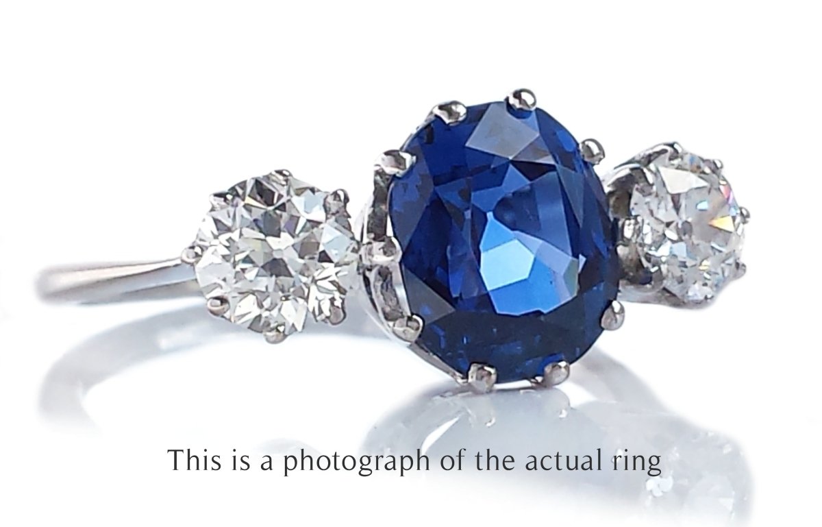 Antique Edwardian 3 Stone Unheated Ceylon Sapphire & Old Cut Diamond Engagement Ring - Bloomsbury Manor Ltd