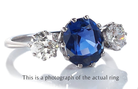 Antique Edwardian 3 Stone Unheated Ceylon Sapphire & Old Cut Diamond Engagement Ring - Bloomsbury Manor Ltd