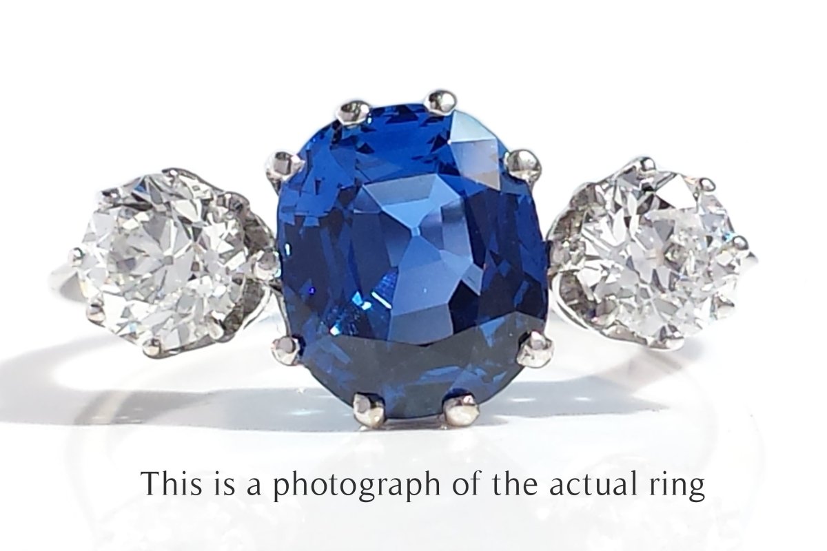 Antique Edwardian 3 Stone Unheated Ceylon Sapphire & Old Cut Diamond Engagement Ring - Bloomsbury Manor Ltd