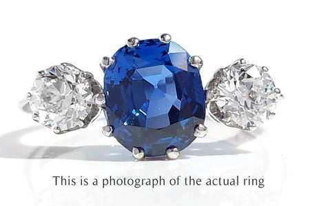 Antique Edwardian 3 Stone Unheated Ceylon Sapphire & Old Cut Diamond Engagement Ring - Bloomsbury Manor Ltd