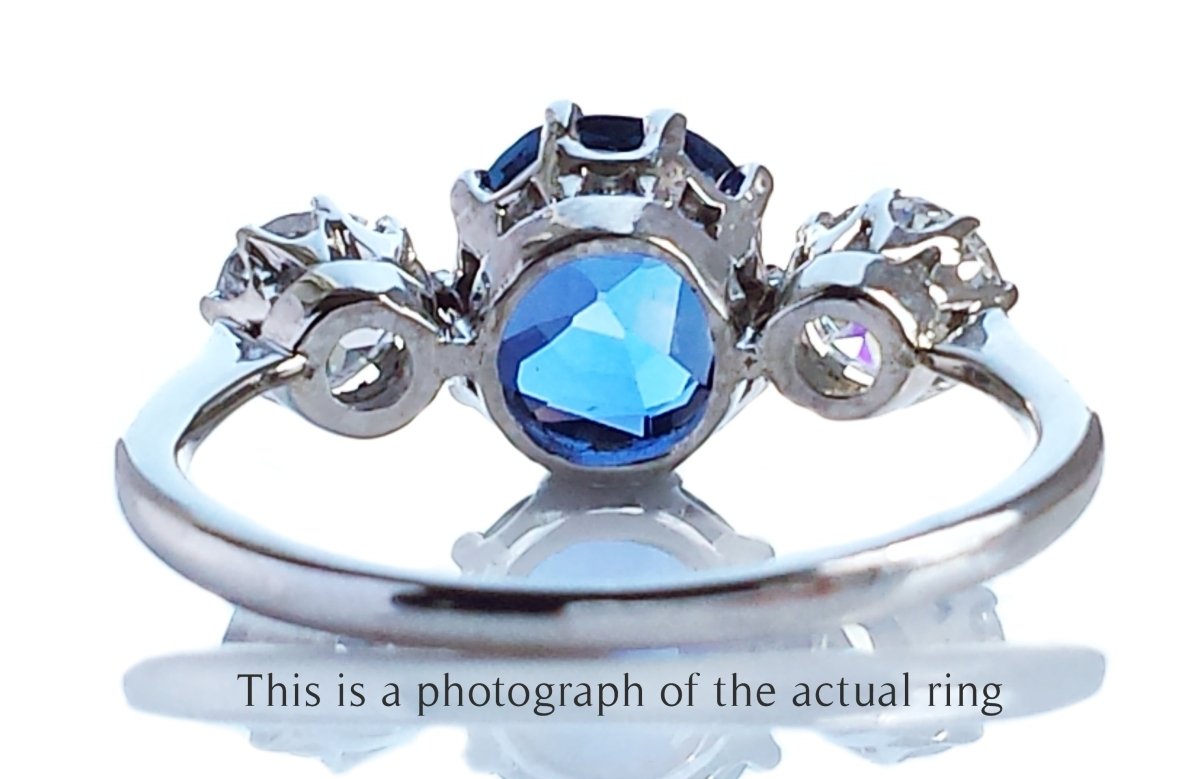 Antique Edwardian 3 Stone Unheated Ceylon Sapphire & Old Cut Diamond Engagement Ring - Bloomsbury Manor Ltd