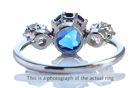 Antique Edwardian 3 Stone Unheated Ceylon Sapphire & Old Cut Diamond Engagement Ring - Bloomsbury Manor Ltd