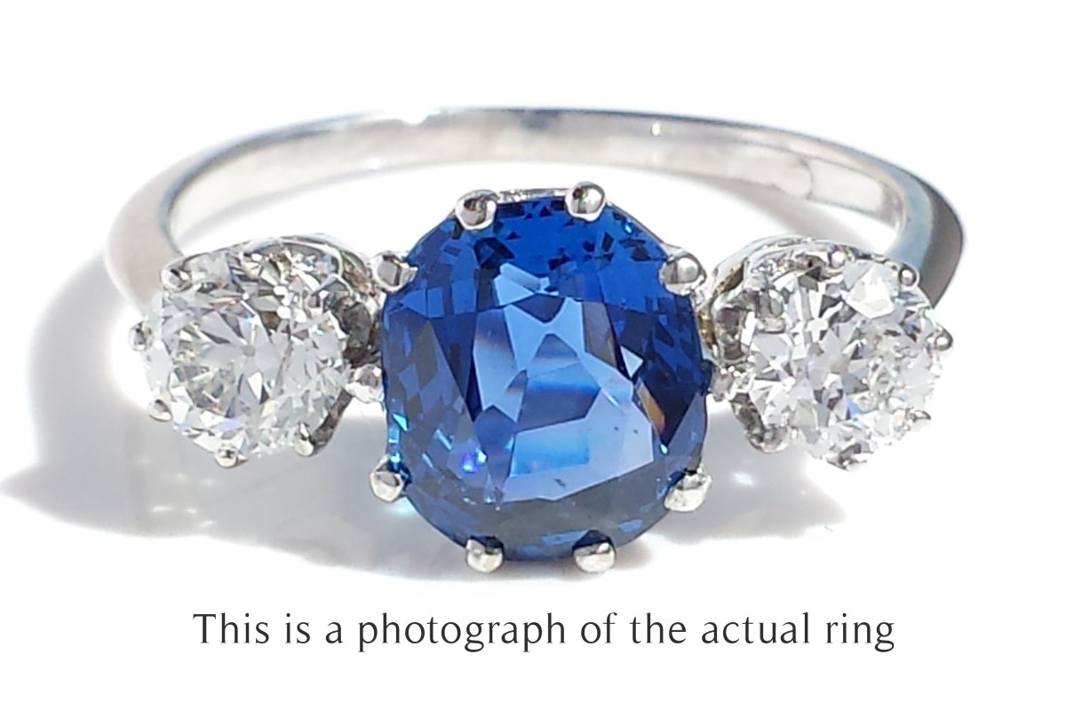 Antique Edwardian 3 Stone Unheated Ceylon Sapphire & Old Cut Diamond Engagement Ring - Bloomsbury Manor Ltd