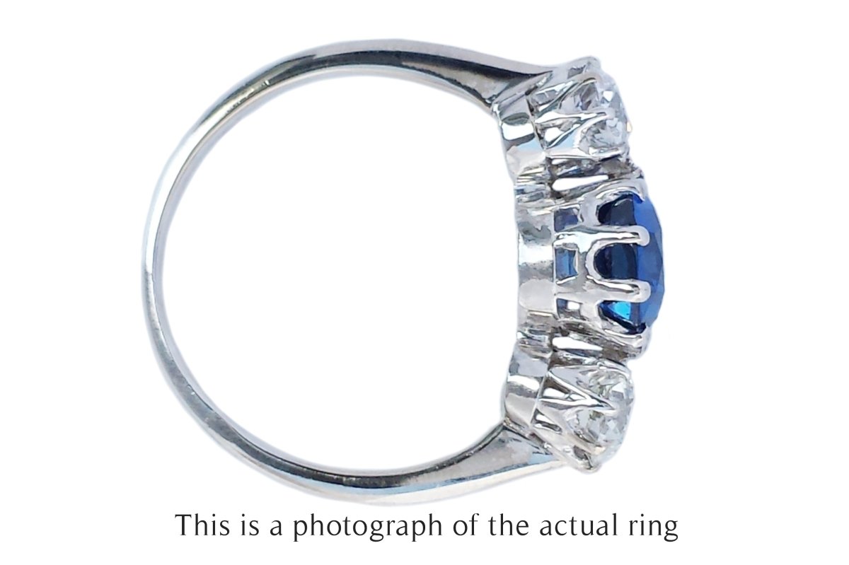 Antique Edwardian 3 Stone Unheated Ceylon Sapphire & Old Cut Diamond Engagement Ring - Bloomsbury Manor Ltd