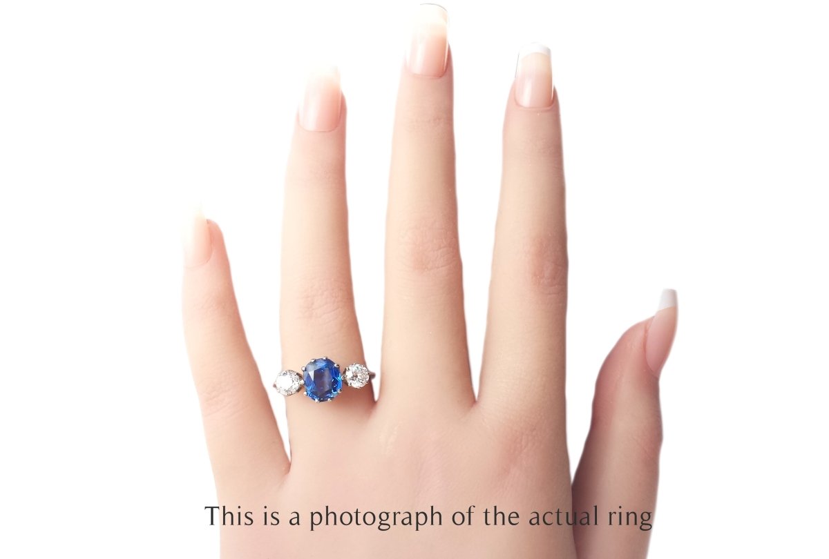 Antique Edwardian 3 Stone Unheated Ceylon Sapphire & Old Cut Diamond Engagement Ring - Bloomsbury Manor Ltd