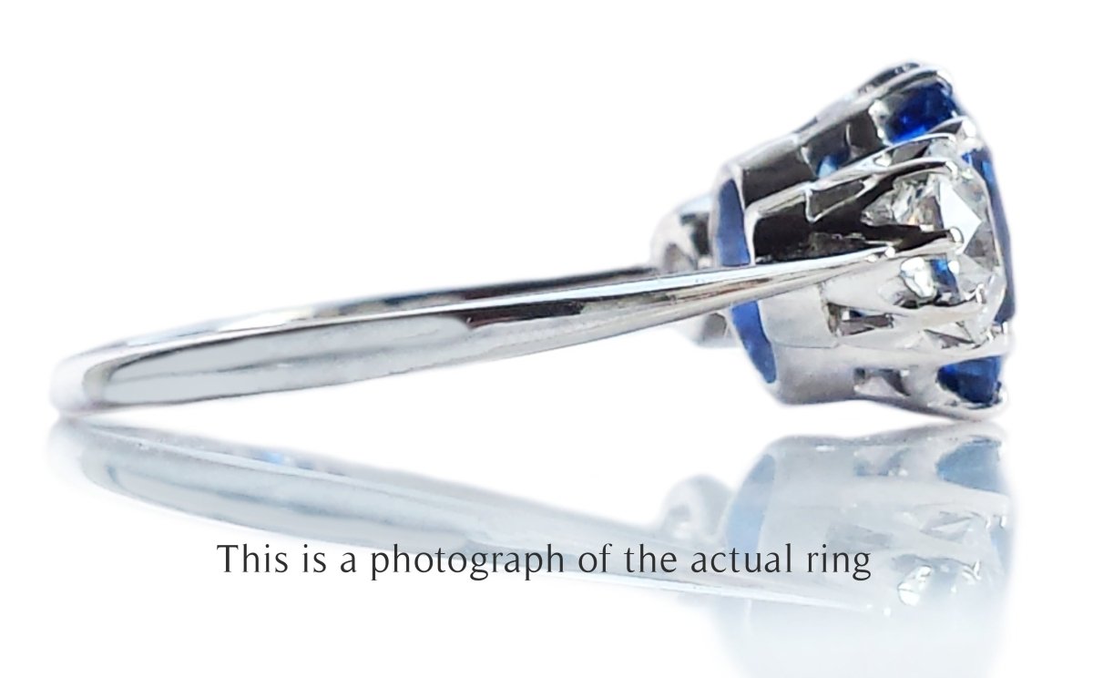 Antique Edwardian 3 Stone Unheated Ceylon Sapphire & Old Cut Diamond Engagement Ring - Bloomsbury Manor Ltd