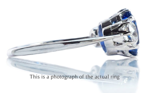Antique Edwardian 3 Stone Unheated Ceylon Sapphire & Old Cut Diamond Engagement Ring - Bloomsbury Manor Ltd