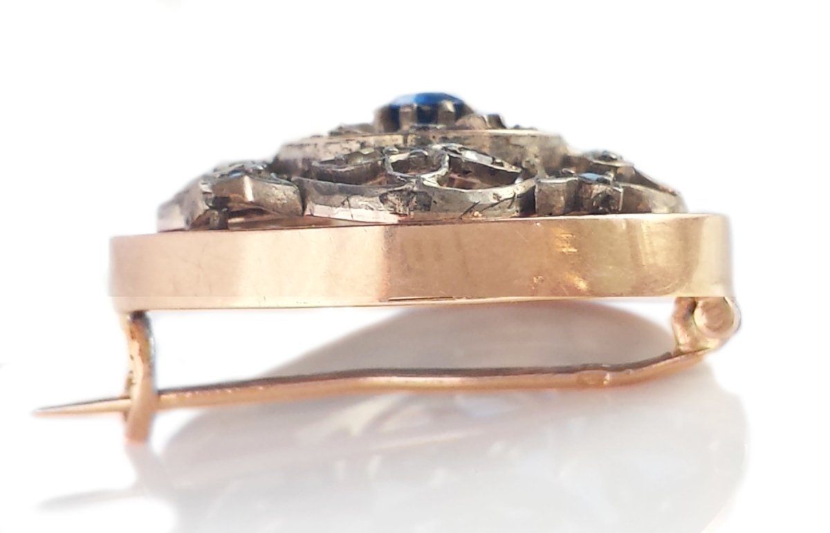Antique French Sapphire & Rose Cut Diamond 18k Rose Gold & Silver Round Brooch - Bloomsbury Manor Ltd