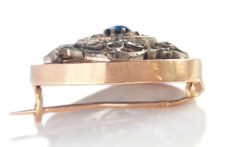 Antique French Sapphire & Rose Cut Diamond 18k Rose Gold & Silver Round Brooch - Bloomsbury Manor Ltd