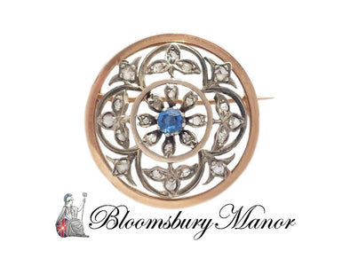 Antique French Sapphire & Rose Cut Diamond 18k Rose Gold & Silver Round Brooch - Bloomsbury Manor Ltd