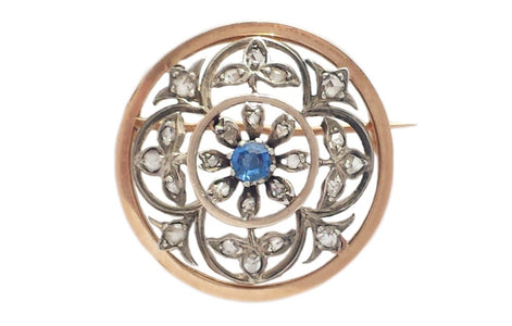 Antique French Sapphire & Rose Cut Diamond 18k Rose Gold & Silver Round Brooch - Bloomsbury Manor Ltd