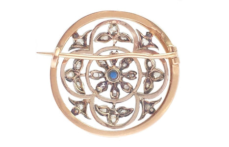 Antique French Sapphire & Rose Cut Diamond 18k Rose Gold & Silver Round Brooch - Bloomsbury Manor Ltd