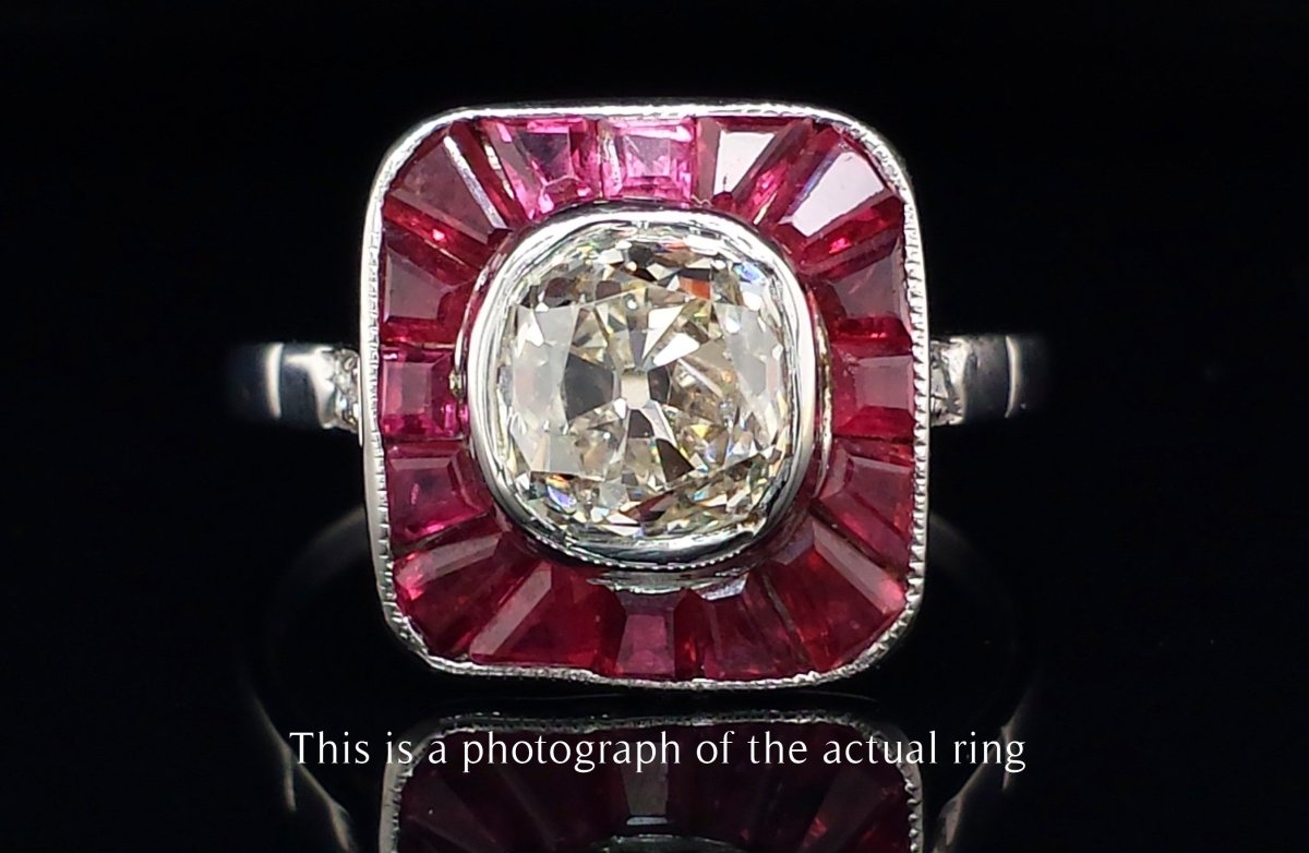 Art Deco 2.20ct H/SI1 Old Mine Cut Diamond & Ruby Target Ring - Bloomsbury Manor Ltd