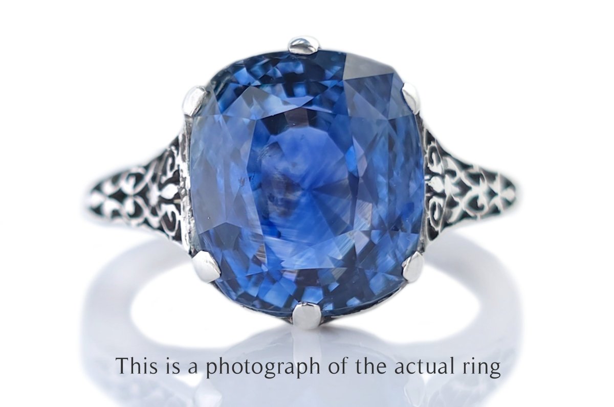 Art Deco French 8.50ct Ceylon Unheated Cushio Sapphire Engagement Ring - Bloomsbury Manor Ltd
