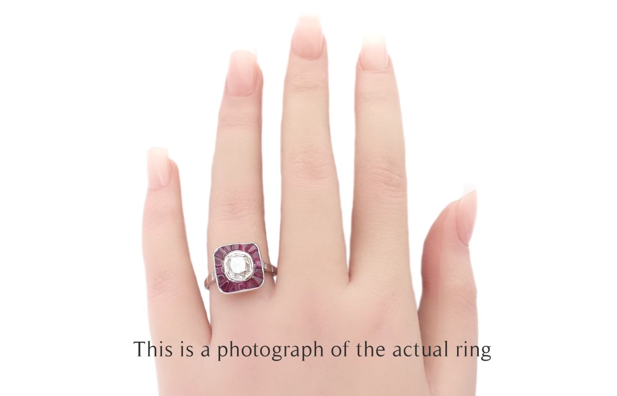 Art Deco Old Mine Cut Diamond and Natural Ruby Target Ring - Bloomsbury Manor Ltd
