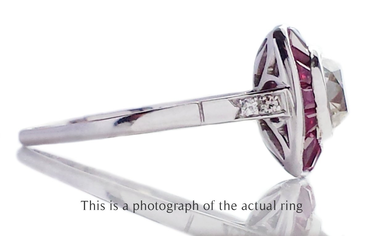 Art Deco Old Mine Cut Diamond and Natural Ruby Target Ring - Bloomsbury Manor Ltd