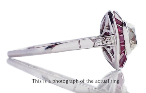 Art Deco Old Mine Cut Diamond and Natural Ruby Target Ring - Bloomsbury Manor Ltd