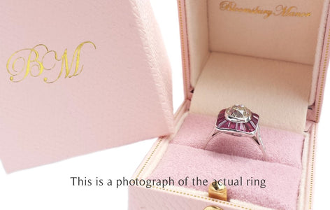 Art Deco Old Mine Cut Diamond and Natural Ruby Target Ring - Bloomsbury Manor Ltd