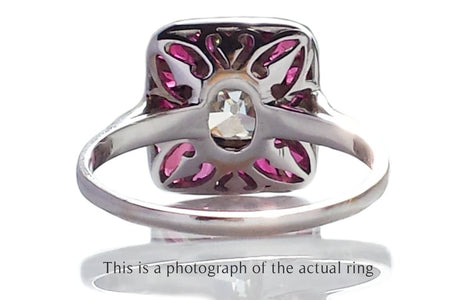 Art Deco Old Mine Cut Diamond and Natural Ruby Target Ring - Bloomsbury Manor Ltd