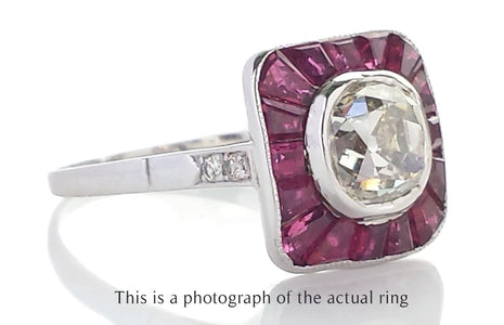Art Deco Old Mine Cut Diamond and Natural Ruby Target Ring - Bloomsbury Manor Ltd