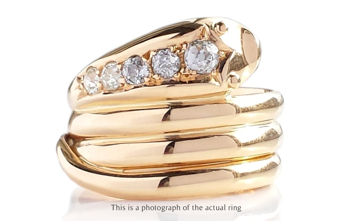 Edwardian 18k Gold Coiled Snake Ring with Old Cut Diamonds - Bloomsbury Manor Ltd