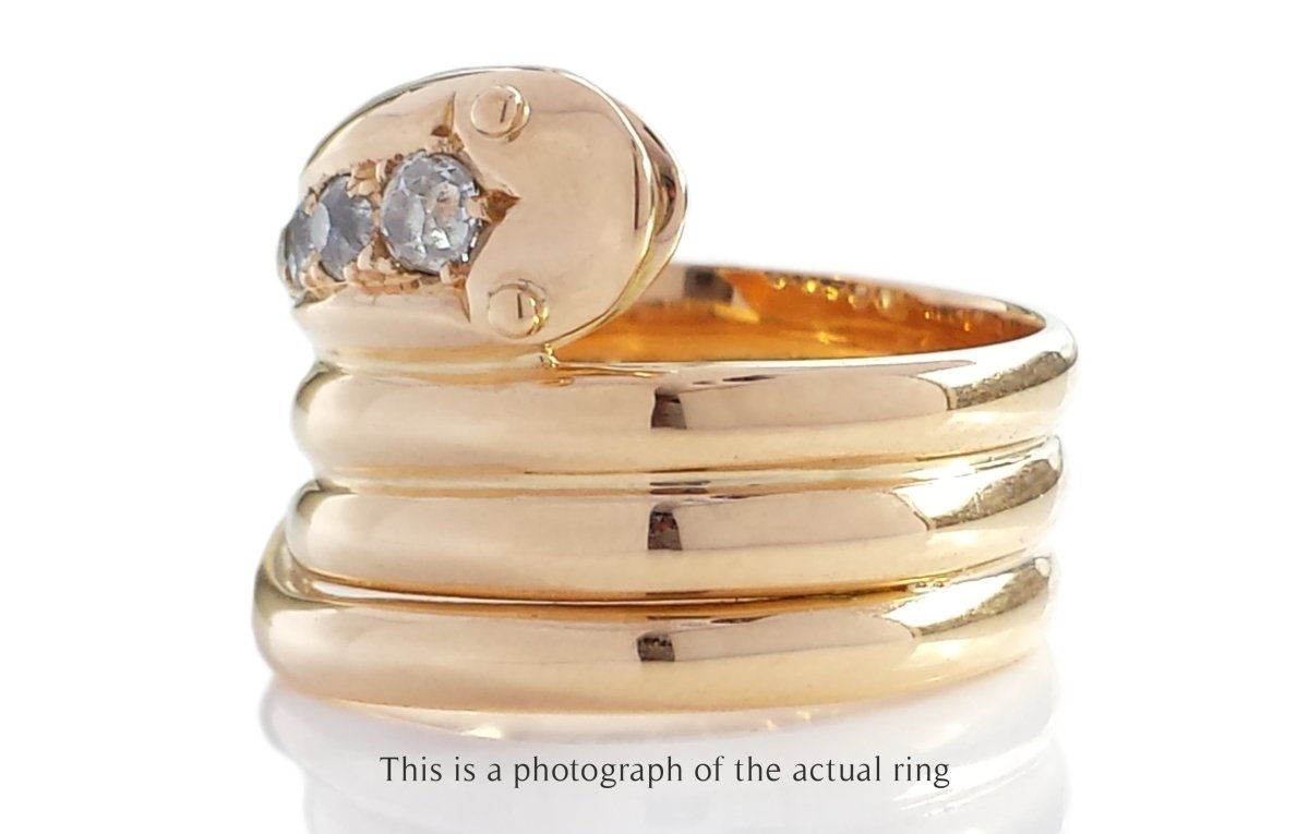 Edwardian 18k Gold Coiled Snake Ring with Old Cut Diamonds - Bloomsbury Manor Ltd