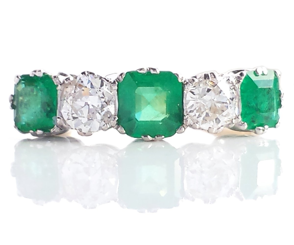 Edwardian 5 Stone Emerald and Old Cut Diamond Ring - Bloomsbury Manor Ltd