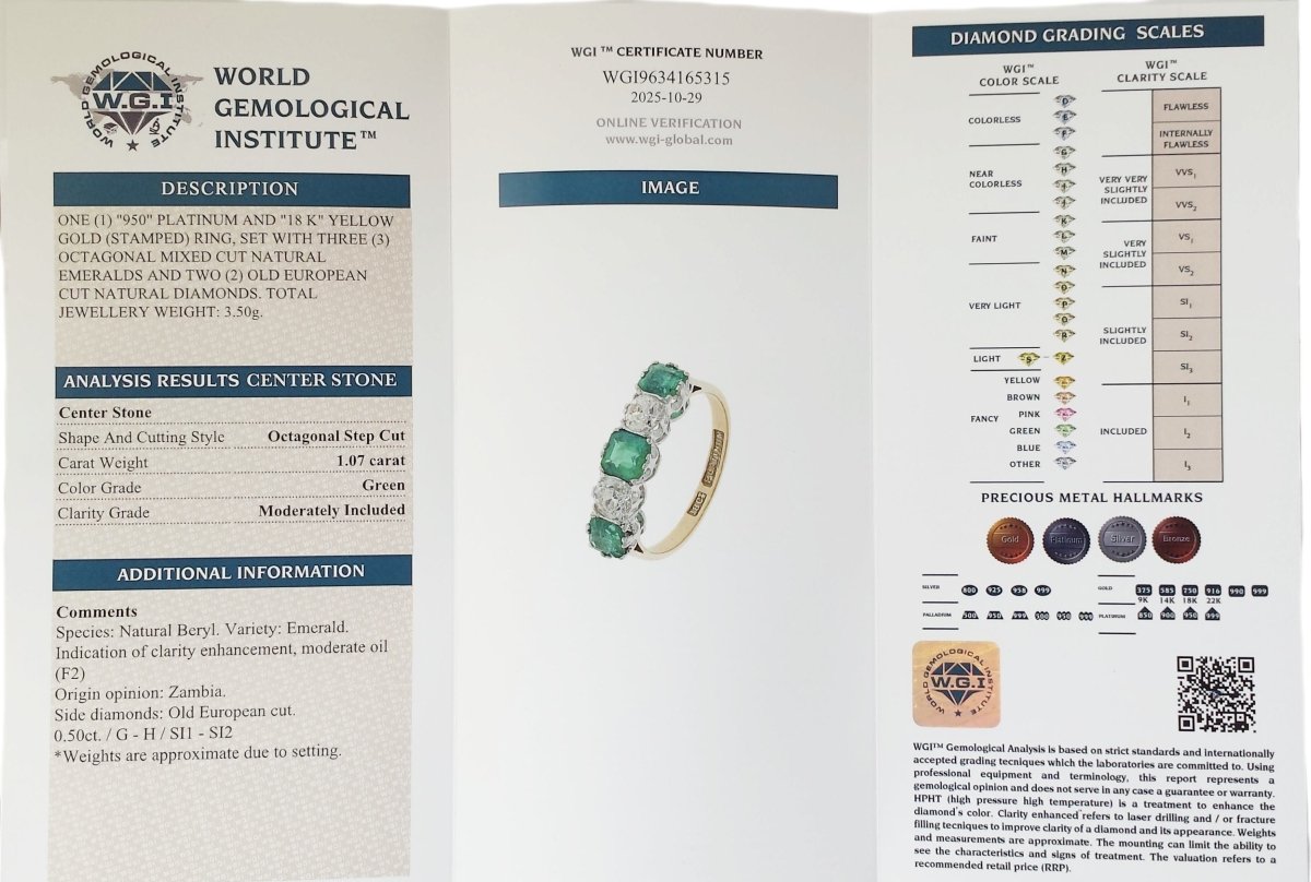 Edwardian 5 Stone Emerald and Old Cut Diamond Ring - Bloomsbury Manor Ltd