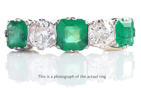 Edwardian 5 Stone Emerald and Old Cut Diamond Ring - Bloomsbury Manor Ltd