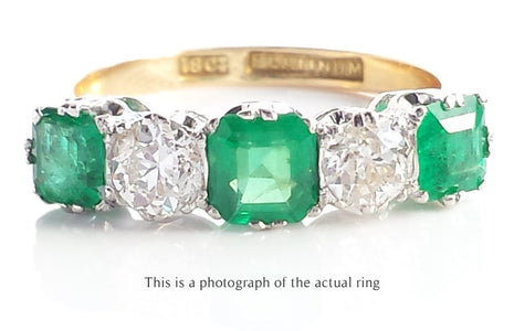 Edwardian 5 Stone Emerald and Old Cut Diamond Ring - Bloomsbury Manor Ltd