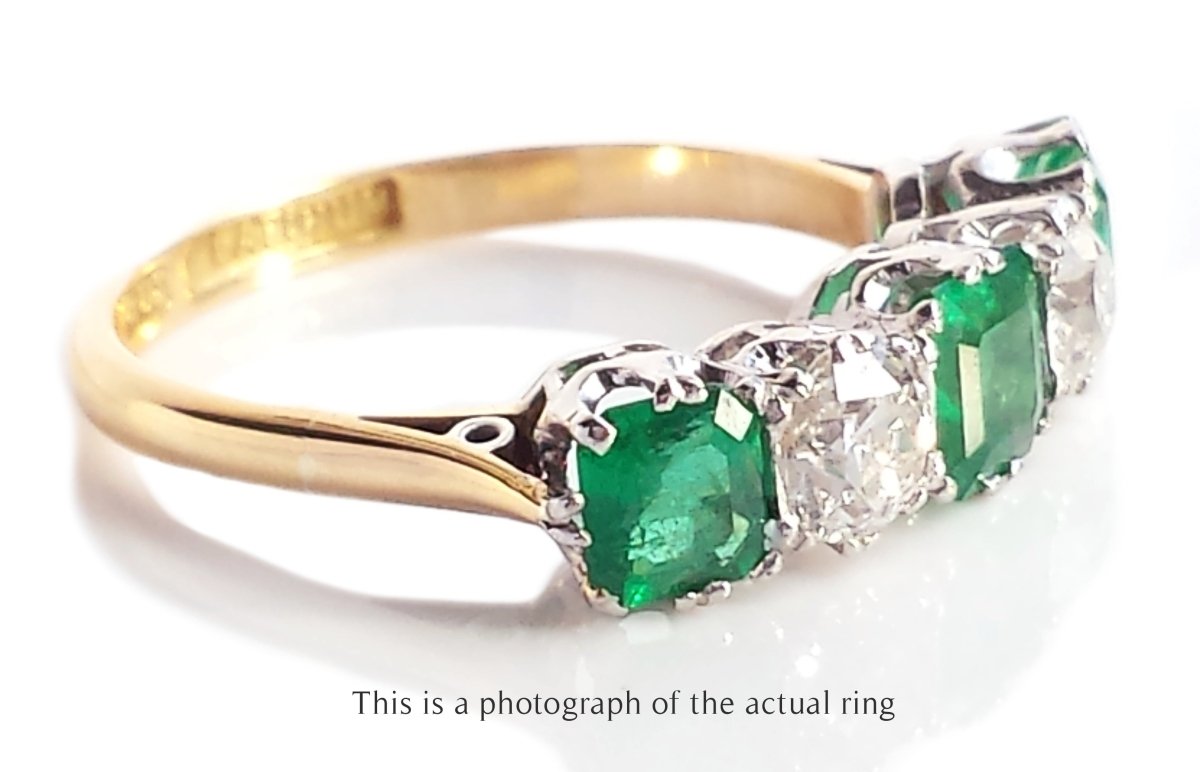 Edwardian 5 Stone Emerald and Old Cut Diamond Ring - Bloomsbury Manor Ltd