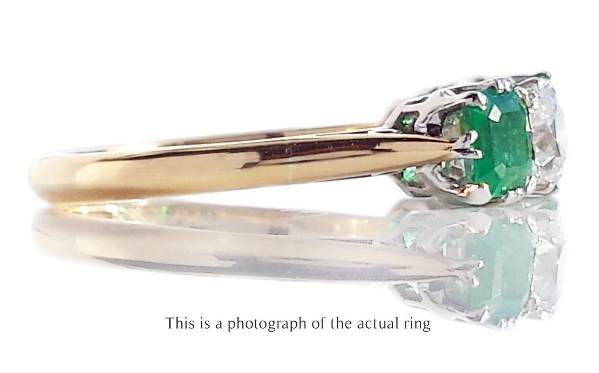 Edwardian 5 Stone Emerald and Old Cut Diamond Ring - Bloomsbury Manor Ltd