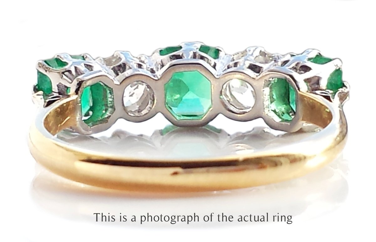 Edwardian 5 Stone Emerald and Old Cut Diamond Ring - Bloomsbury Manor Ltd