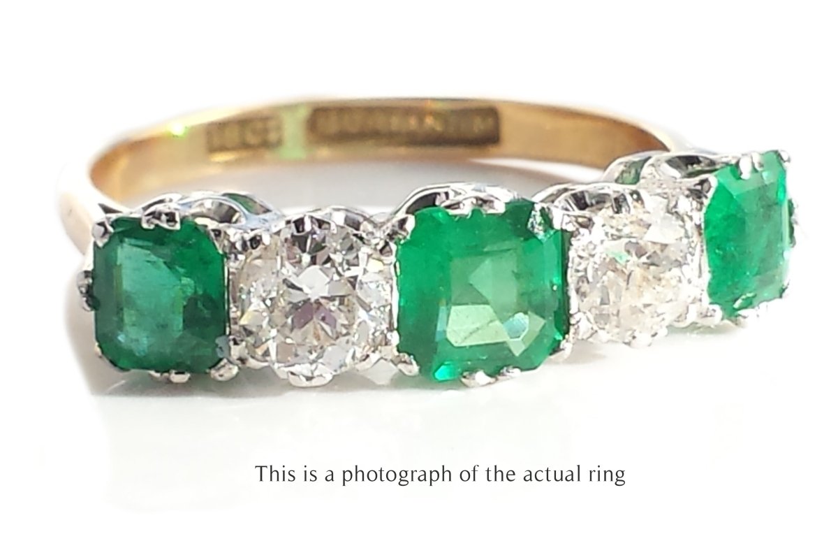Edwardian 5 Stone Emerald and Old Cut Diamond Ring - Bloomsbury Manor Ltd