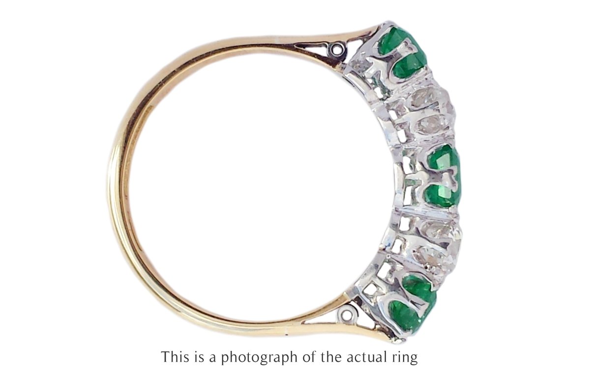 Edwardian 5 Stone Emerald and Old Cut Diamond Ring - Bloomsbury Manor Ltd