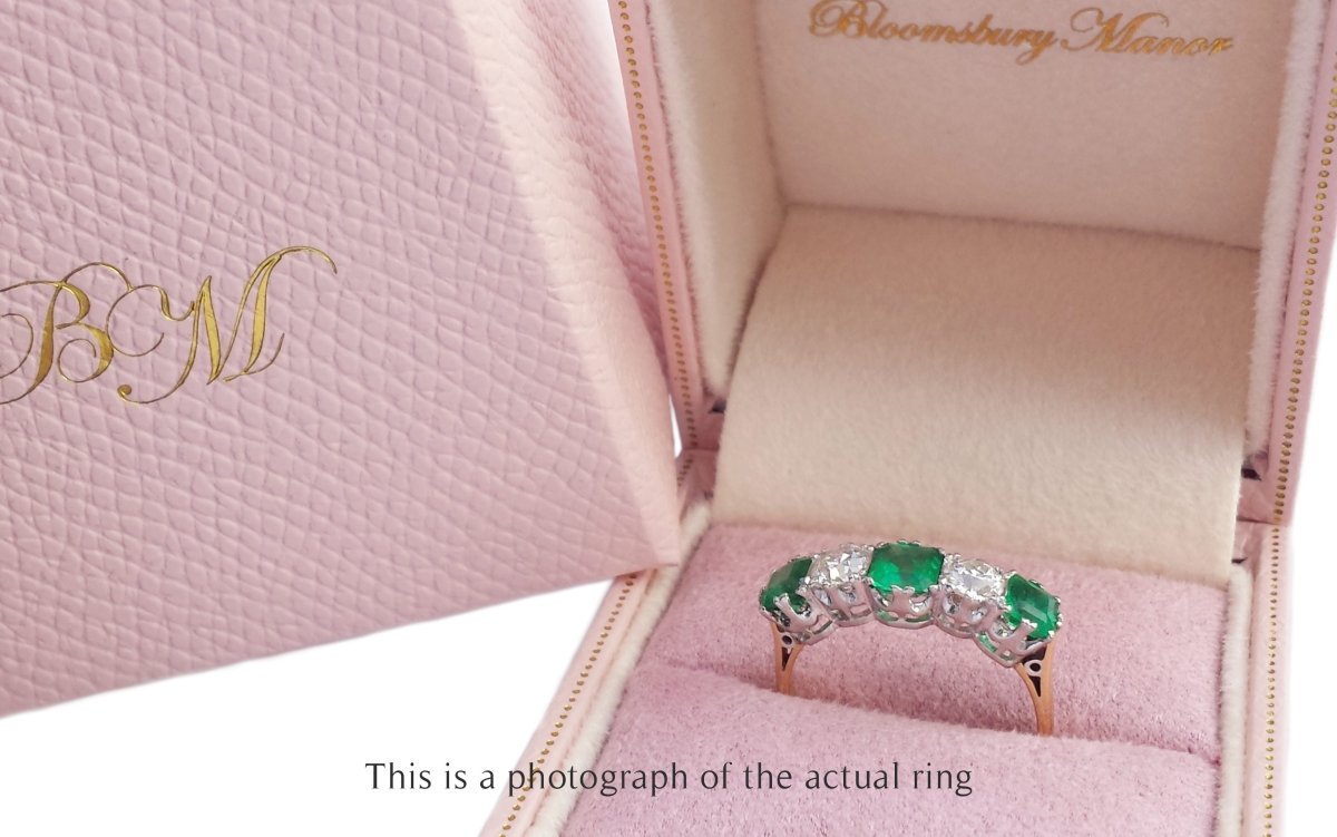 Edwardian 5 Stone Emerald and Old Cut Diamond Ring - Bloomsbury Manor Ltd