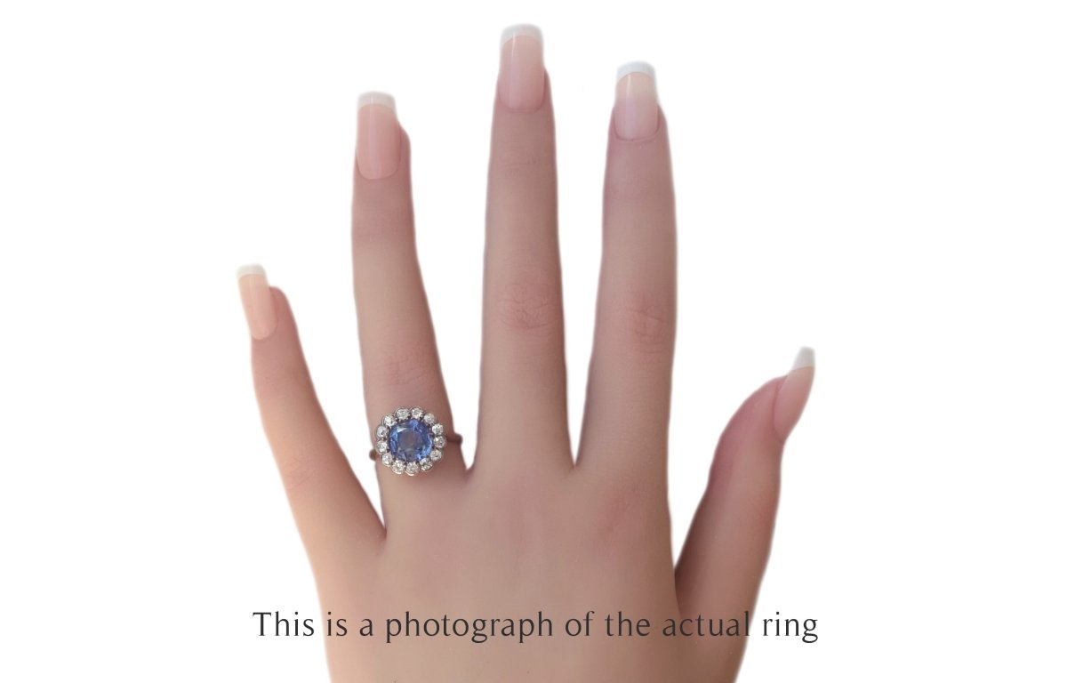Edwardian Natural Ceylon Sapphire & Old Cut Diamond Cluster Engagement Ring - Bloomsbury Manor Ltd